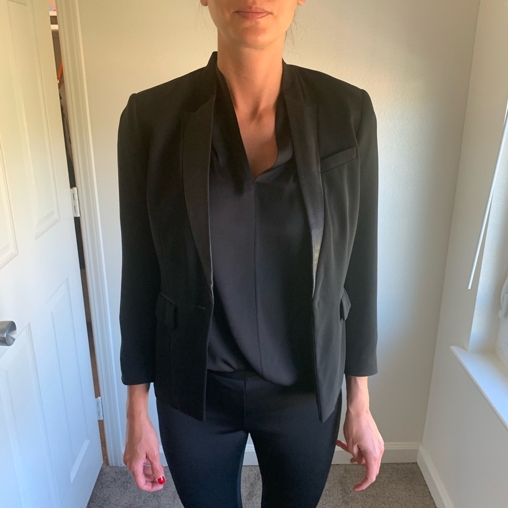 Leather trim classic black blazer, excellent condition